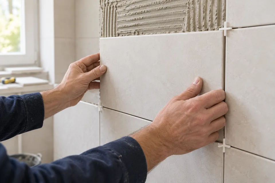 Montaj de placi ceramice si unelte de aliniere - concept vizual AI